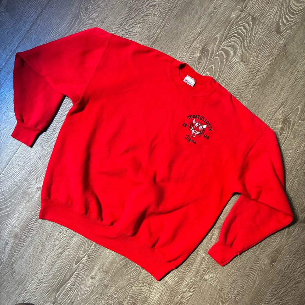 Vintage 1996 Tourtellotte Tigers Hanes Heavyweight Sweatshirt XL Red Embroidered
